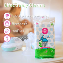 Dapple paquete resellable abierto mostrando 25 toallitas, conserva humedad