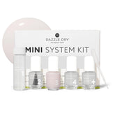 Dazzle Dry vista frontal del kit mini con cinco frascos mostrando beneficio de sistema completo