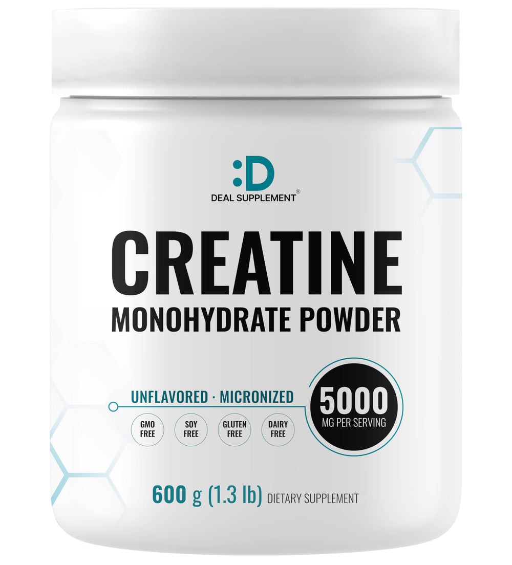 DEAL SUPPLEMENT bote frontal que muestra creatina pura y sin sabor, fácil de identificar