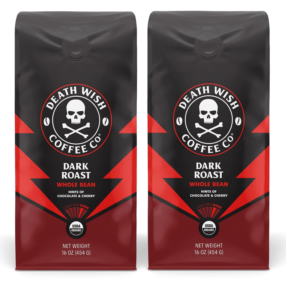 Death Wish Coffee frente del empaque mostrando sello orgánico y tamaño de paquete