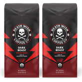 Death Wish Coffee frente del empaque mostrando sello orgánico y tamaño de paquete