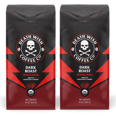 Death Wish Coffee frente del empaque mostrando sello orgánico y tamaño de paquete