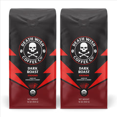 Death Wish Coffee frente del paquete doble mostrando marca y tamaño 16 oz