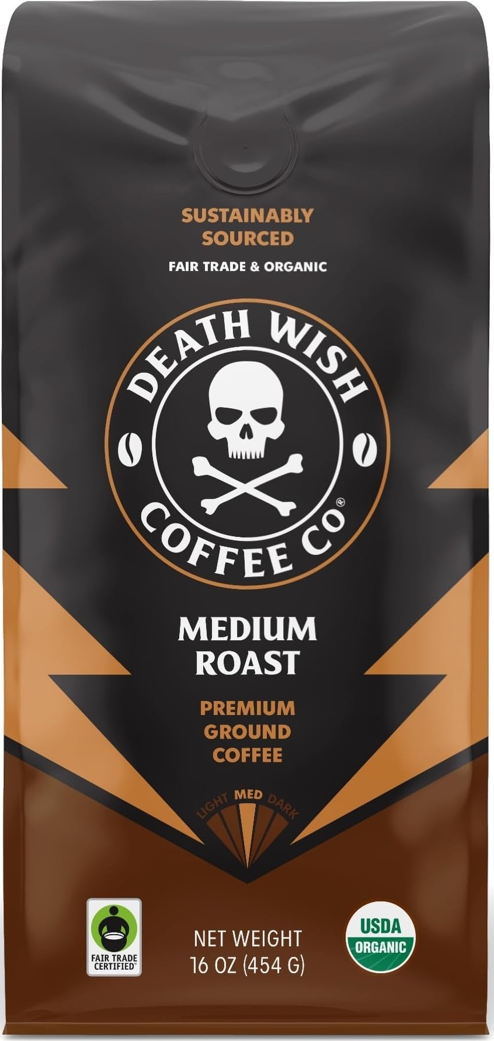 Death Wish Coffee frente del paquete 16 oz mostrando marca y beneficio orgánico