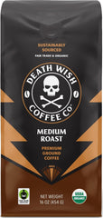 Death Wish Coffee frente del paquete 16 oz mostrando marca y beneficio orgánico