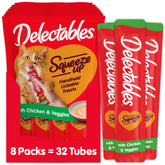 Delectables tubo frontal mostrando puré de pollo y verduras, atrae al gato