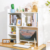 deli front view of white desk hutch showing five shelves and clean design benefit organization