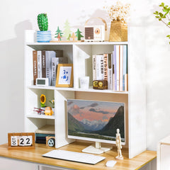deli front view of white desk hutch showing five shelves and clean design benefit organization