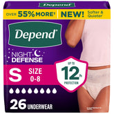 Depend frente del empaque mostrando 26 unidades y talla pequeña, confianza nocturna
