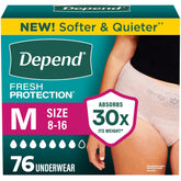 Depend empaque frontal rosa mostrando 76 unidades y tamaño medio para confianza diaria