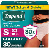Depend empaque frontal mostrando 80 unidades y beneficio de absorción