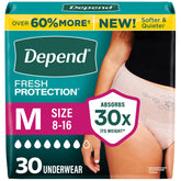 Depend paquete frontal mediano 30 unidades mostrando diseño y color rosa para confianza