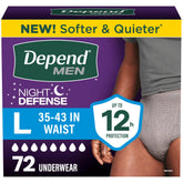 Depend empaque frontal mostrando protección nocturna y ventaja de 12 horas