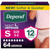 Depend empaque frontal mostrando 64 unidades y beneficios para tranquilidad nocturna