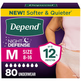 Depend empaquetado frontal mostrando 80 unidades y protección nocturna