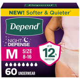 Depend empaque frontal de Night Defense mujer mostrando paquete de 60 que facilita almacenamiento
