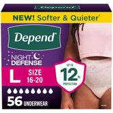 Depend paquete frontal mostrando 56 unidades y beneficio de protección nocturna