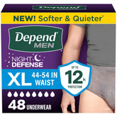 Depend paquete frontal XL mostrando 48 unidades y beneficio de protección nocturna