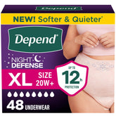 Depend paquete frontal mostrando 48 unidades y protección nocturna