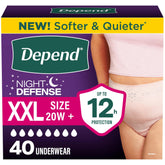 Depend paquete frontal Night Defense XXL mostrando cantidad 40 y beneficio seguridad nocturna