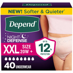Depend paquete frontal Night Defense XXL mostrando cantidad 40 y beneficio seguridad nocturna