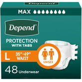 Depend paquete frontal mostrando 48 unidades y beneficios visibles
