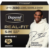 Depend empaque frontal mostrando 56 unidades y beneficio de protección discreta