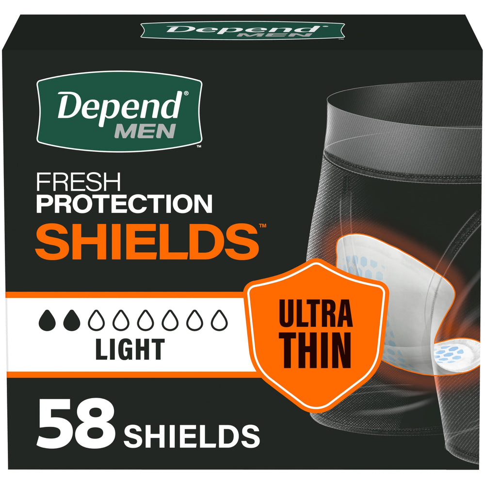 Depend almohadilla frontal mostrando paquete y beneficio discreción