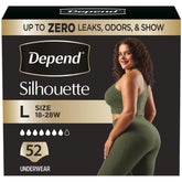 Depend Silhouette frente del empaque mostrando 52 unidades y talla Large, protección discreta
