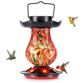 DesGully hand-blown glass feeder front view showing vibrant red finish and benefit of visual attraction