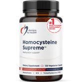 Designs for Health frasco frontal de Homocysteine Supreme mostrando presentación y beneficios