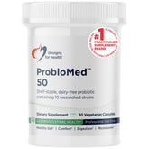 Designs for Health probioMed 50 vista frontal del envase mostrando etiqueta clara y beneficio