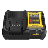 DEWALT cargador DCB1104 vista frontal con puerto y logo, carga rápida y compacto