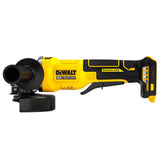DEWALT vista frontal de la amoladora mostrando cuerpo y mango, control ergonómico