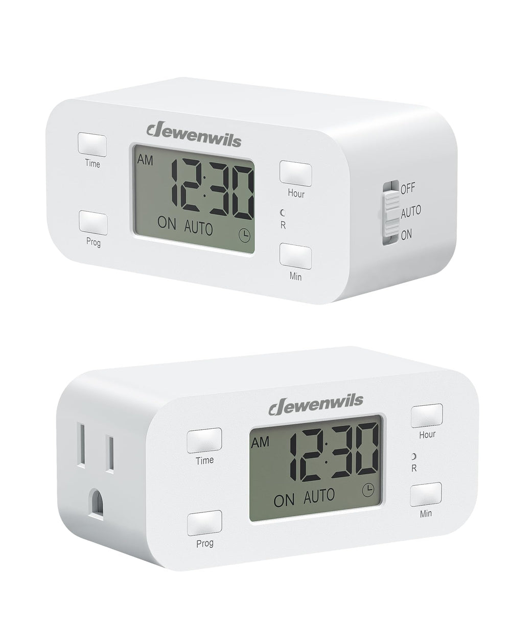 DEWENWILS enchufe programable frontal mostrando pantalla y botones, ahorro fácil