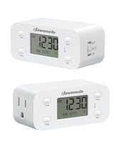 DEWENWILS enchufe programable frontal mostrando pantalla y botones, ahorro fácil