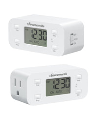 DEWENWILS enchufe programable frontal mostrando pantalla y botones, ahorro fácil