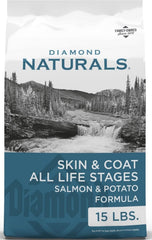Diamond Naturals empaque frontal de salmón mostrando la marca y beneficio para piel y pelaje