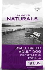 Diamond Naturals frente del paquete mostrando la fórmula pollo y arroz y beneficios