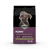 DIAMOND paquete frontal de 20 lb mostrando fórmula para cachorros y beneficios