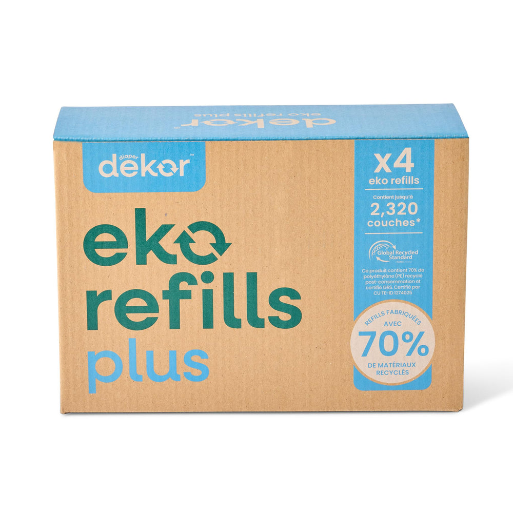 Diaper Dekor frente del empaque mostrando 4 recambios y ahorro