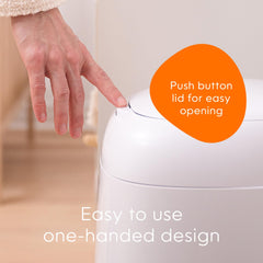 Diaper Genie detalle del cierre Push-N-Lock, sellado que reduce olores