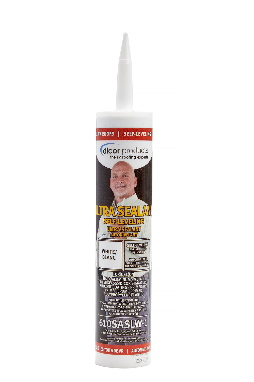 Dicor envase frontal 610SASLW-1 mostrando etiqueta y color blanco, garantiza sellado duradero
