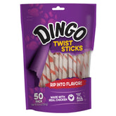 Dingo empaque frontal de Twist Sticks mostrando cantidad y formato, atractivo y claro