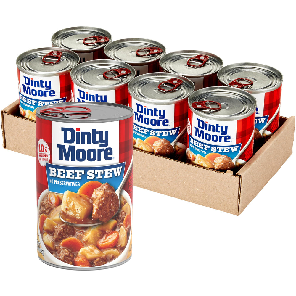 DINTY MOORE frente de lata mostrando diseño y tamaño práctico