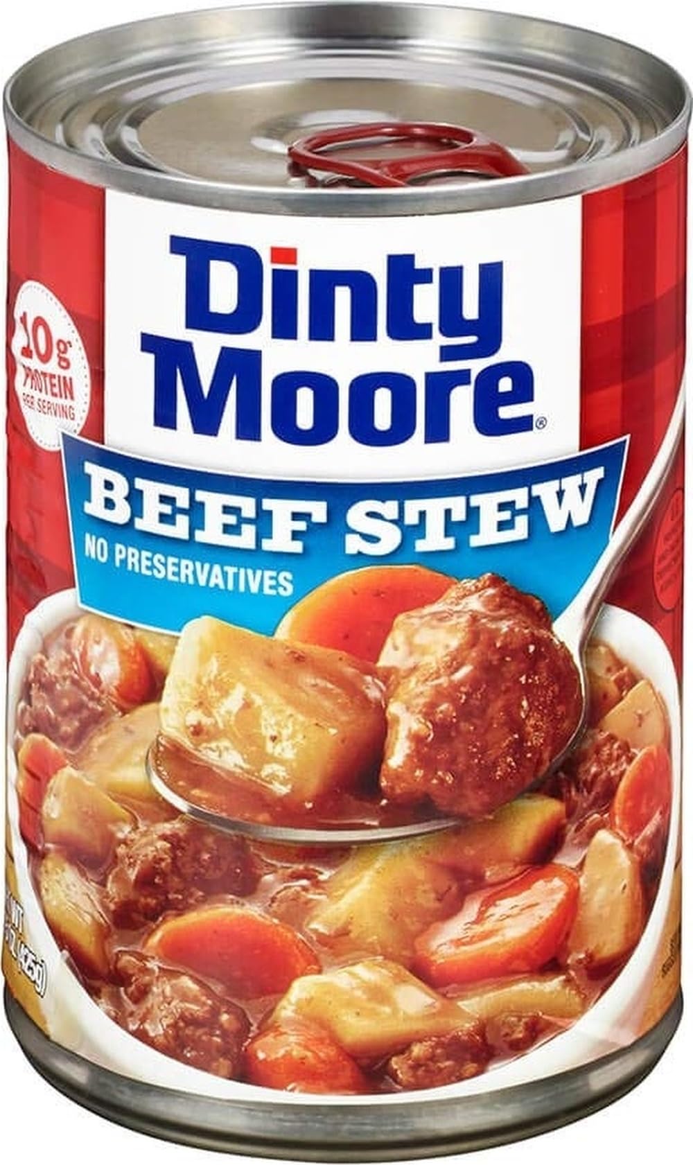 Dinty Moore frente de lata mostrando marca y producto, conveniencia inmediata