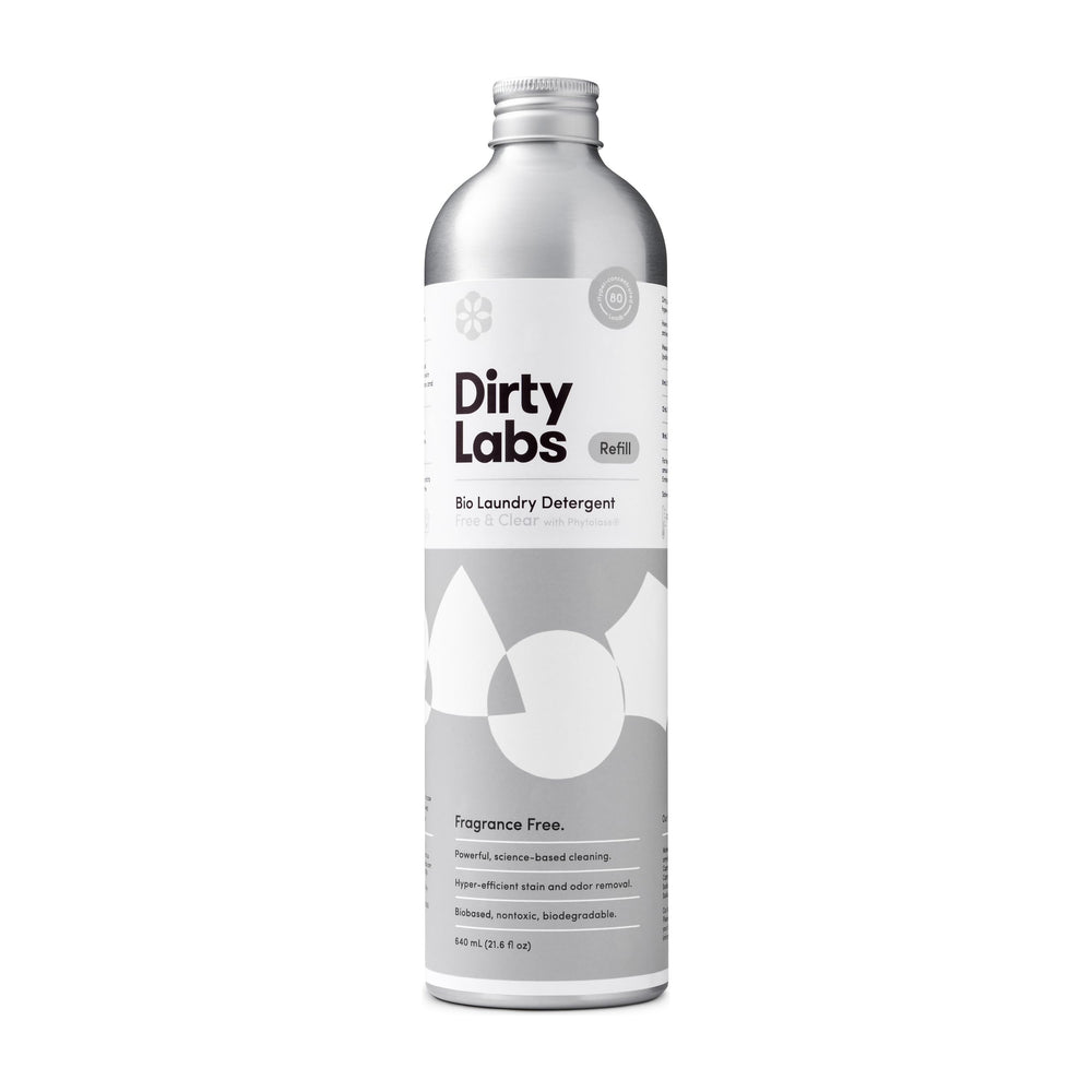 Dirty Labs frente del envase mostrando tamaño y diseño, limpia y eficiente