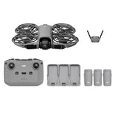 DJI Neo 2 vista frontal del pack mostrando accesorios y beneficio de preparación rápida