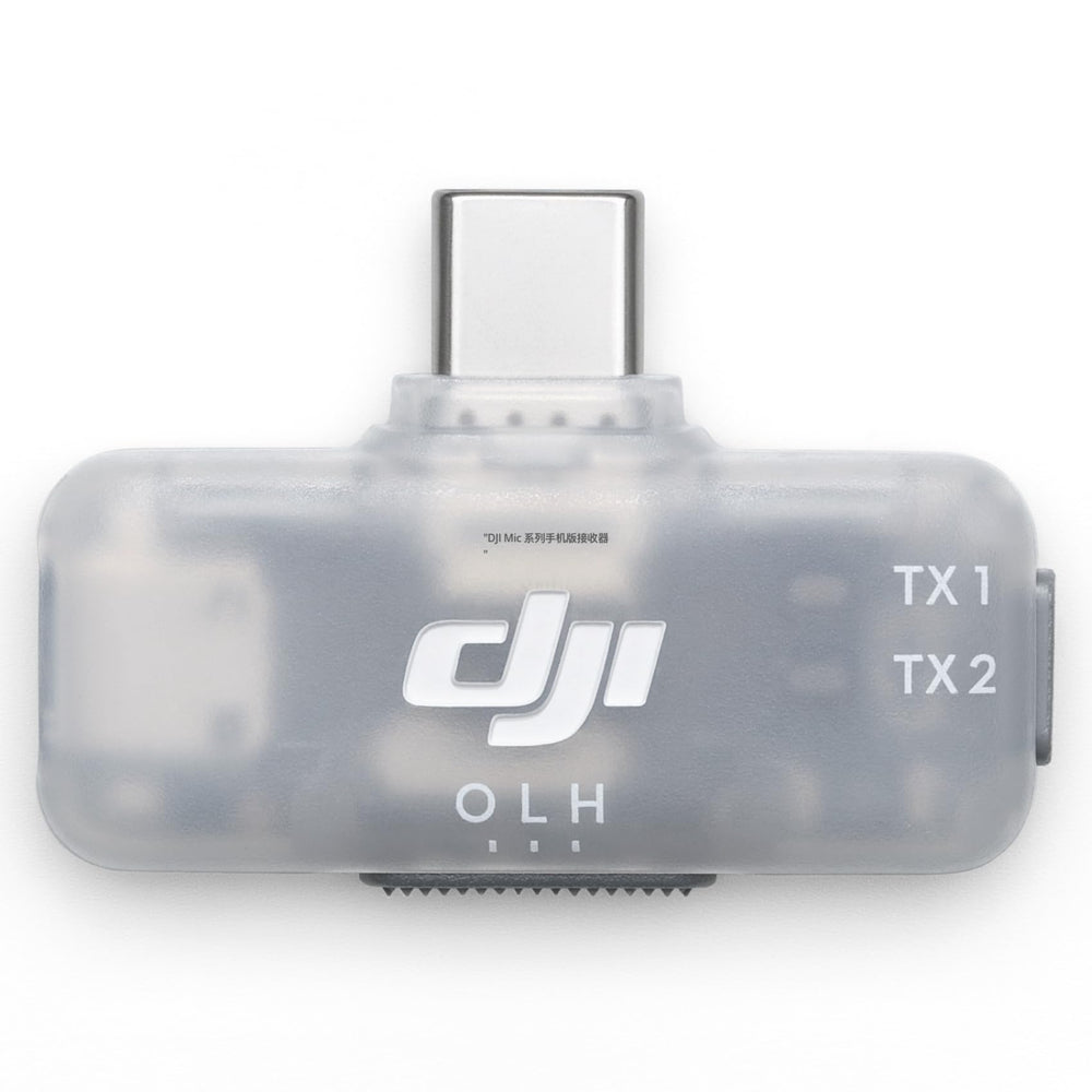 DJI receptor vista frontal mostrando puerto USB-C y diseño compacto, conexión rápida