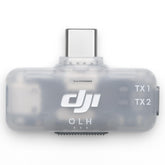 DJI receptor vista frontal mostrando puerto USB-C y diseño compacto, conexión rápida